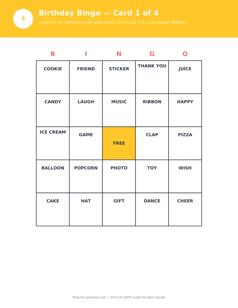 Birthday Bingo card 1 of 4 with a 5 by 5 grid of birthday words and a FREE center square