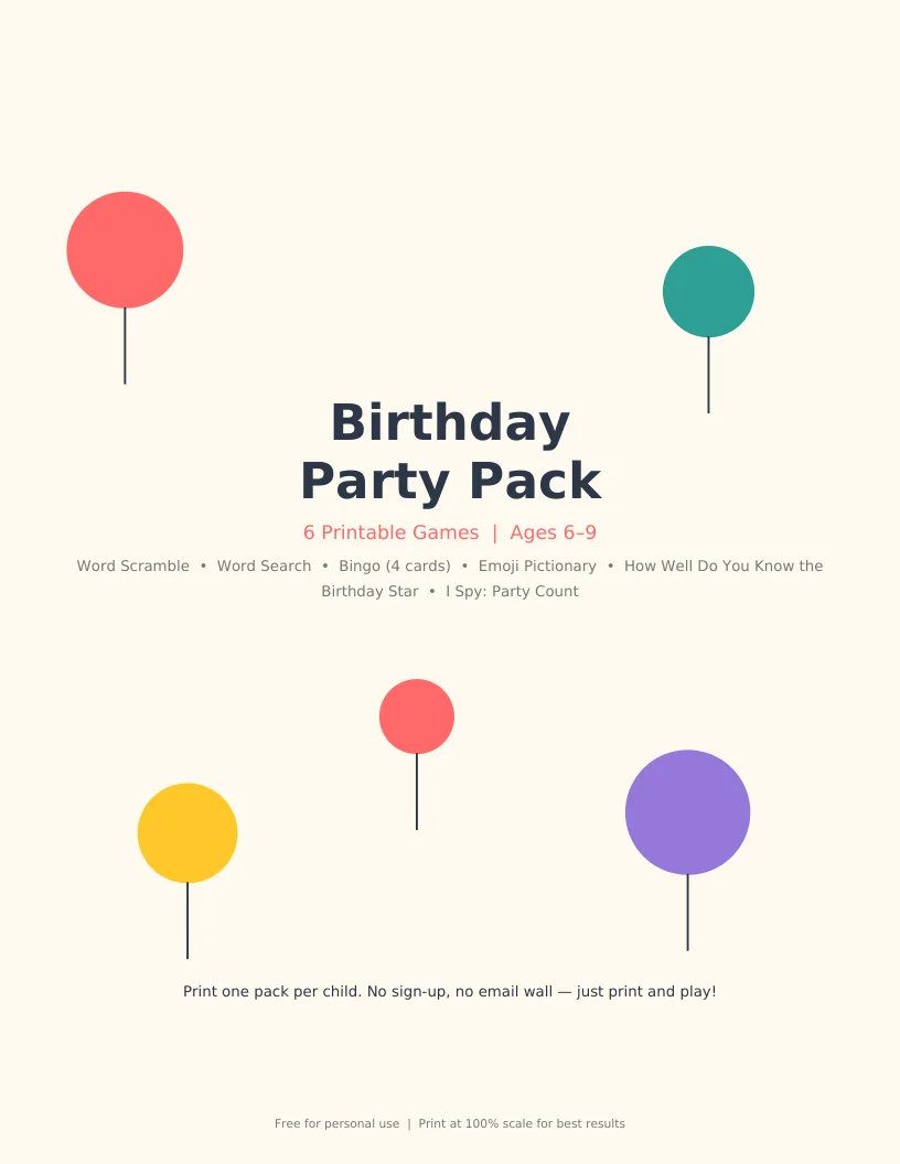 Cover of the free Birthday Party Pack PDF: 6 printable games plus 4 bingo cards for kids